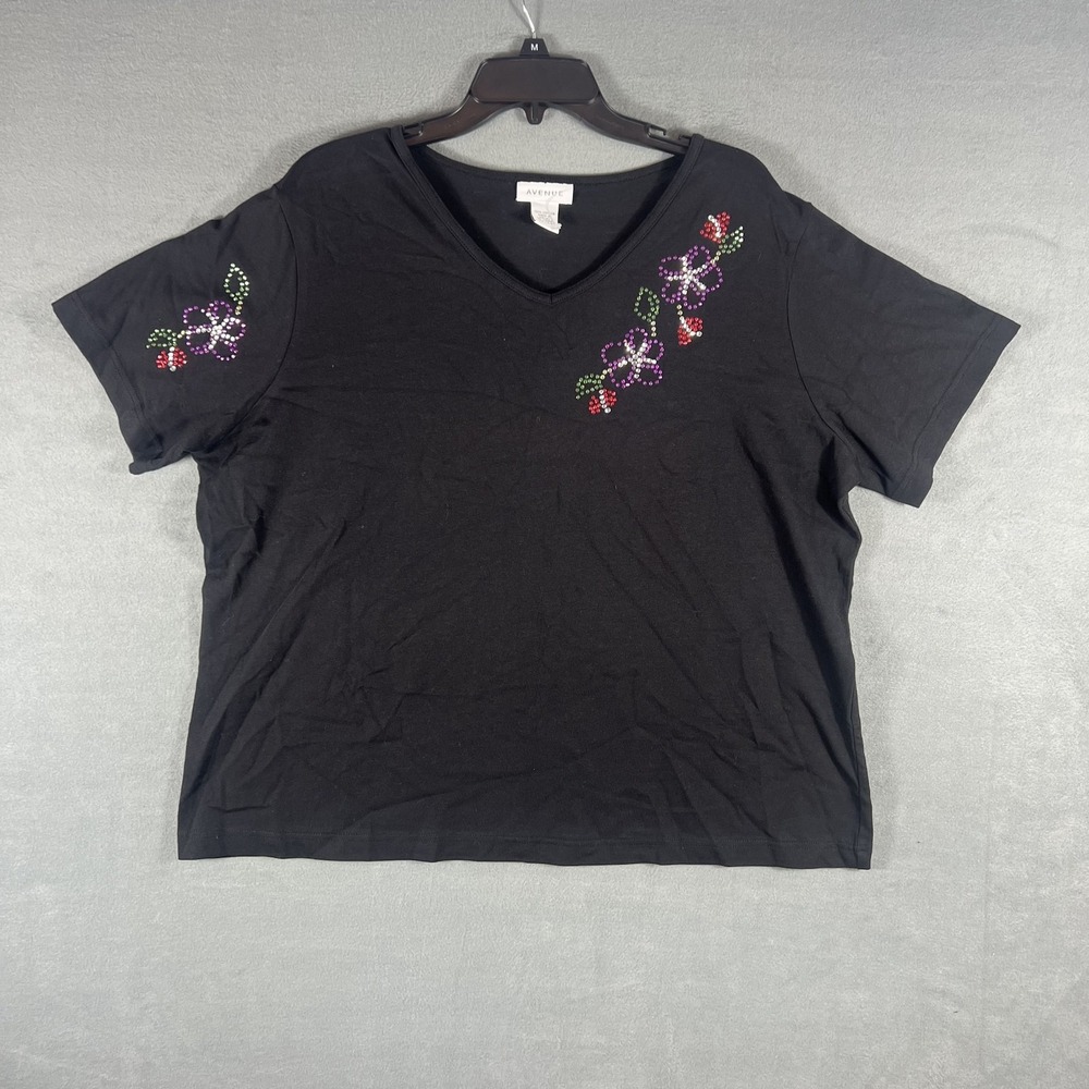 VTG Avenue Women's Plus Size 22/24 Black V-Neck Rhinestone Floral Short Sleeve